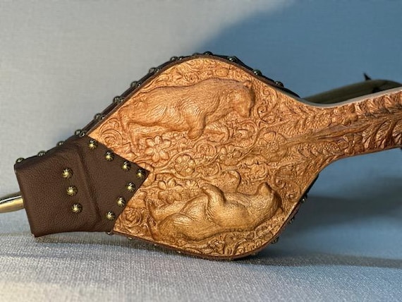 Handmade Fireplace Bellows, Maple with Carved Bear Design, Dark Brown Leather, Swirled Brass Tacks