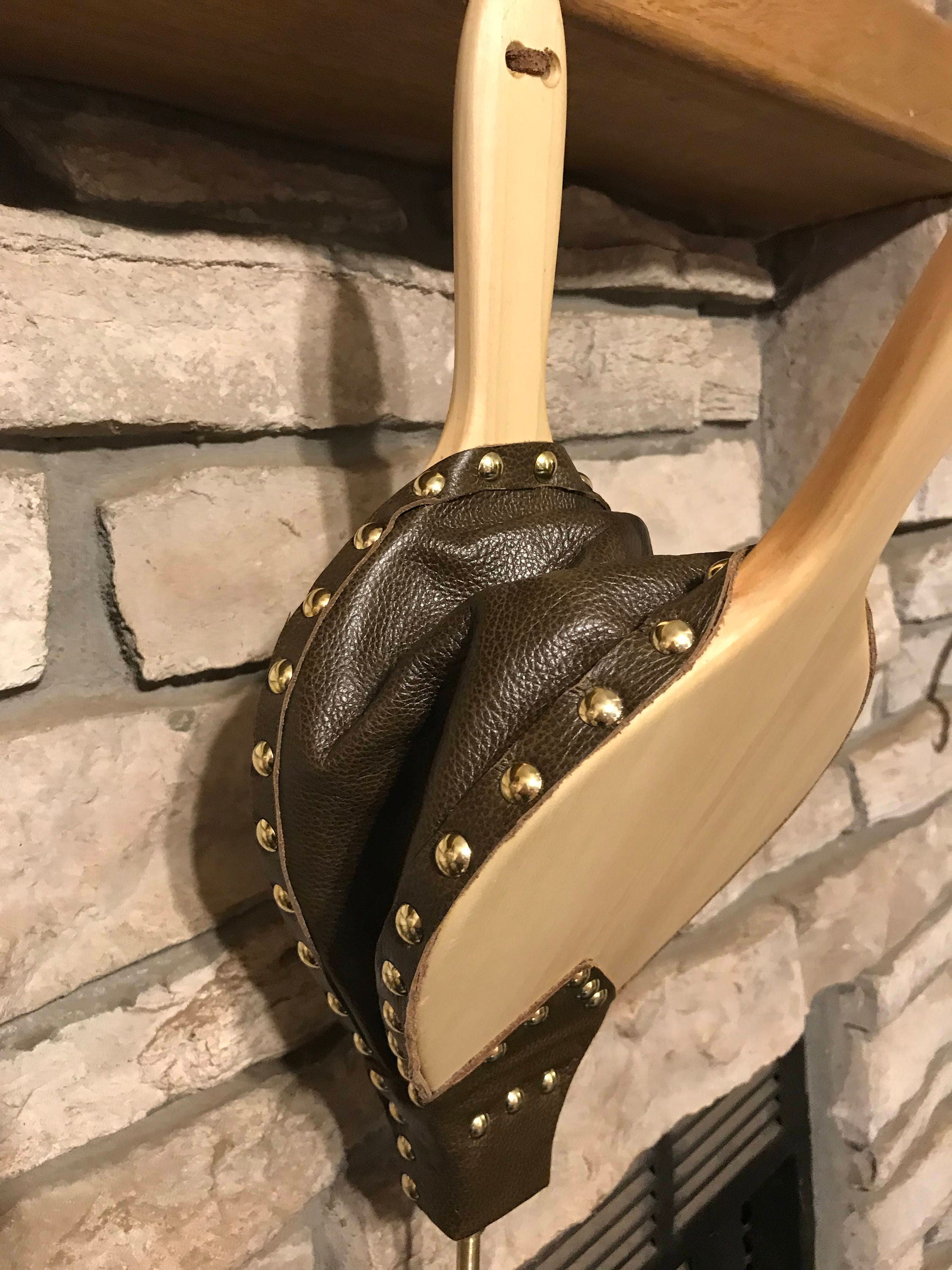 Handmade Fireplace Bellows, Poplar Wood and Dark Leather with Brass
