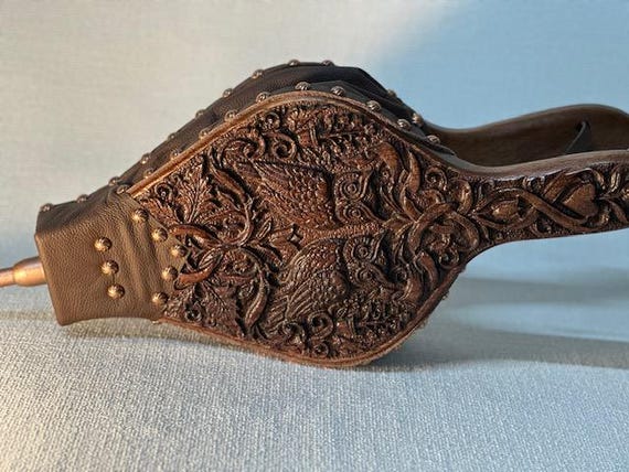 Handmade Fireplace Bellows, Walnut with Intricate Black Forest inspired owl design, brown leather, swirled copper tacks