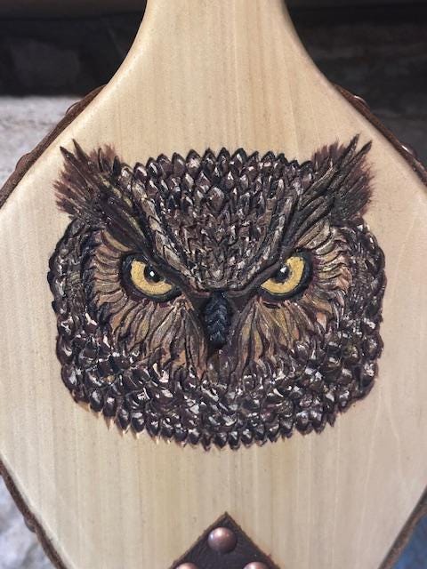 READY TO SHIP:  Handmade Fireplace Bellows, Poplar with Carved and Hand Painted Owl, Brown Leather, Bronze Tacks - Heirloom - Thumbnail 3
