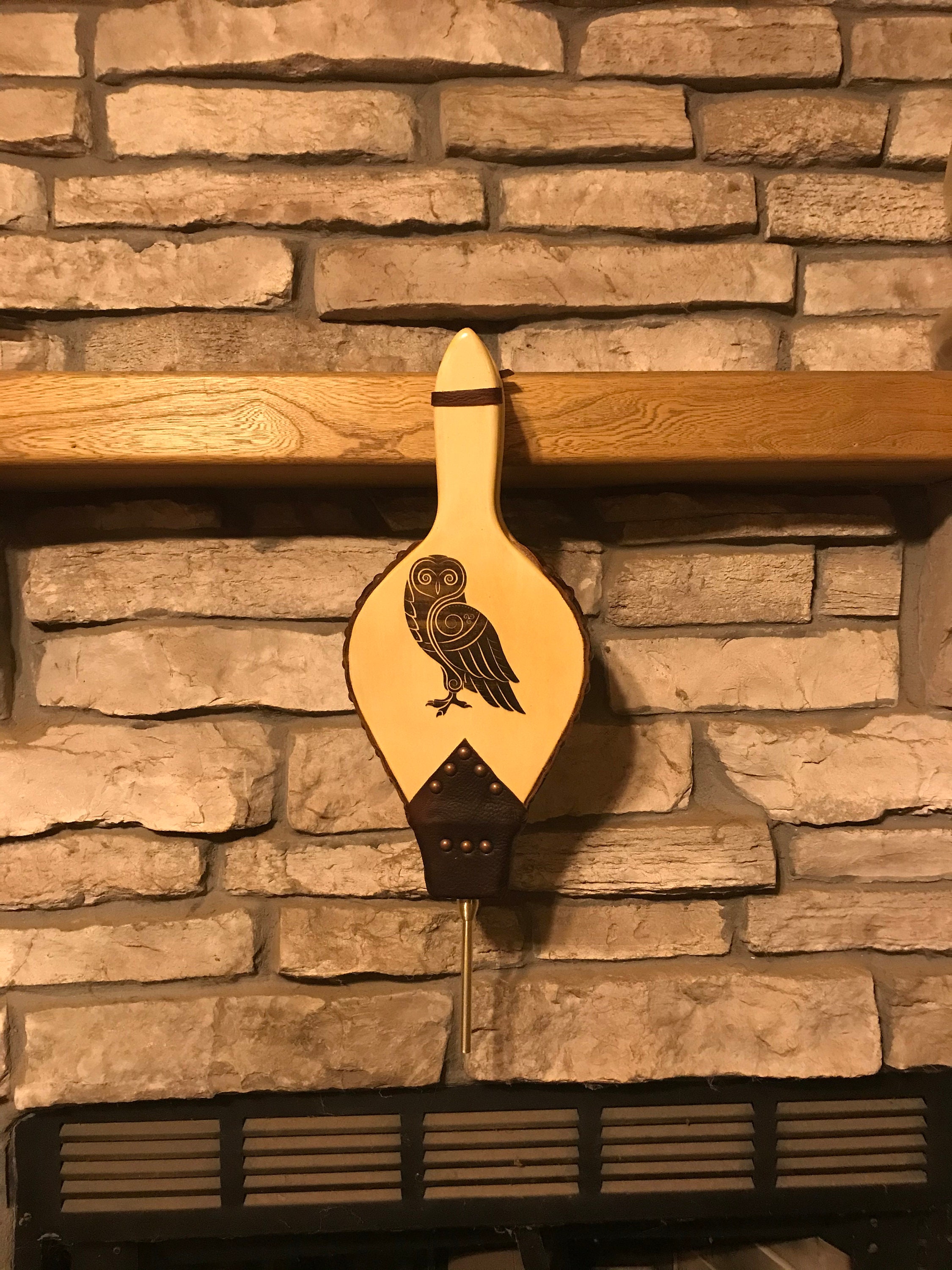 READY TO SHIP Handmade Fireplace Bellows, Holly with Owl Engraving