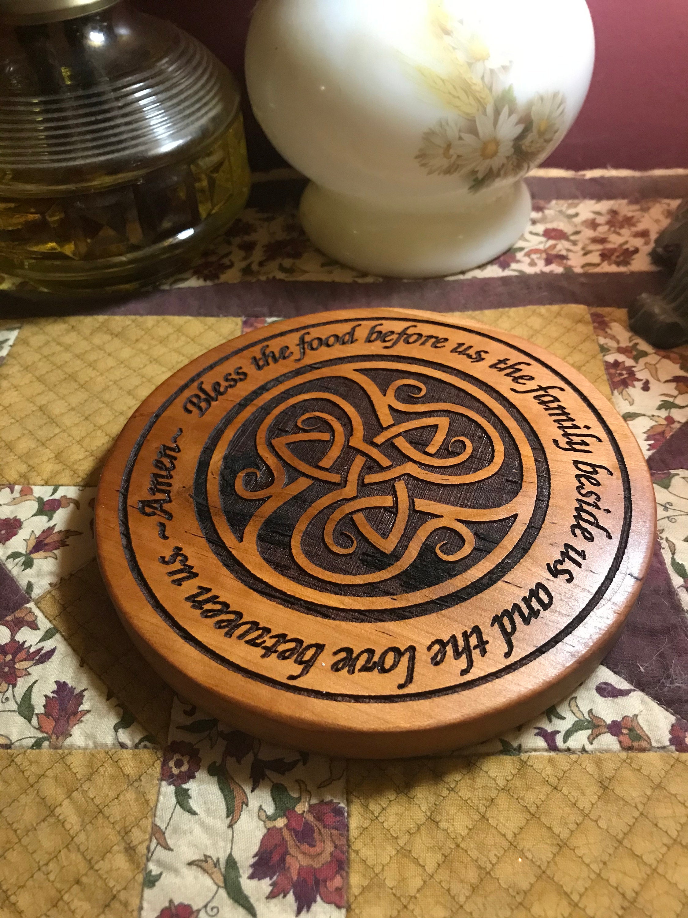 READY TO SHIP Handmade Wooden Trivet with Engraved Celtic Triquetra (Trinity) Design and