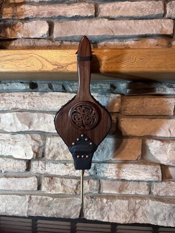 READY TO SHIP: Handmade Fireplace Bellows, "Shorty Bellows", Walnut with Celtic Knot Medallion, Dark Brown Leather, Bronze Tacks-Fireplace
