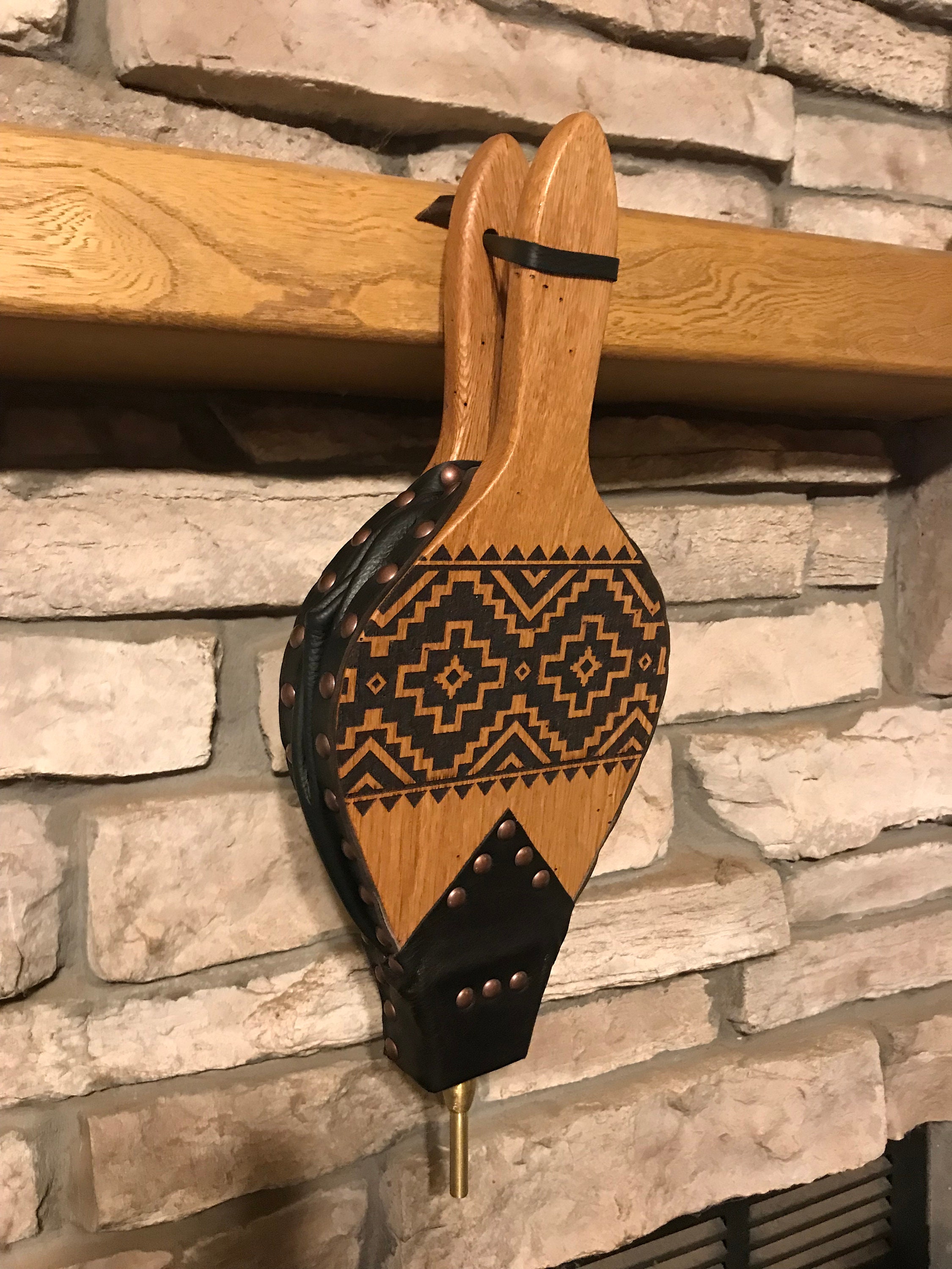 Ready to ship Handmade Fireplace Bellows, Wormy Oak with Dark Brown Leather and Aztec Design
