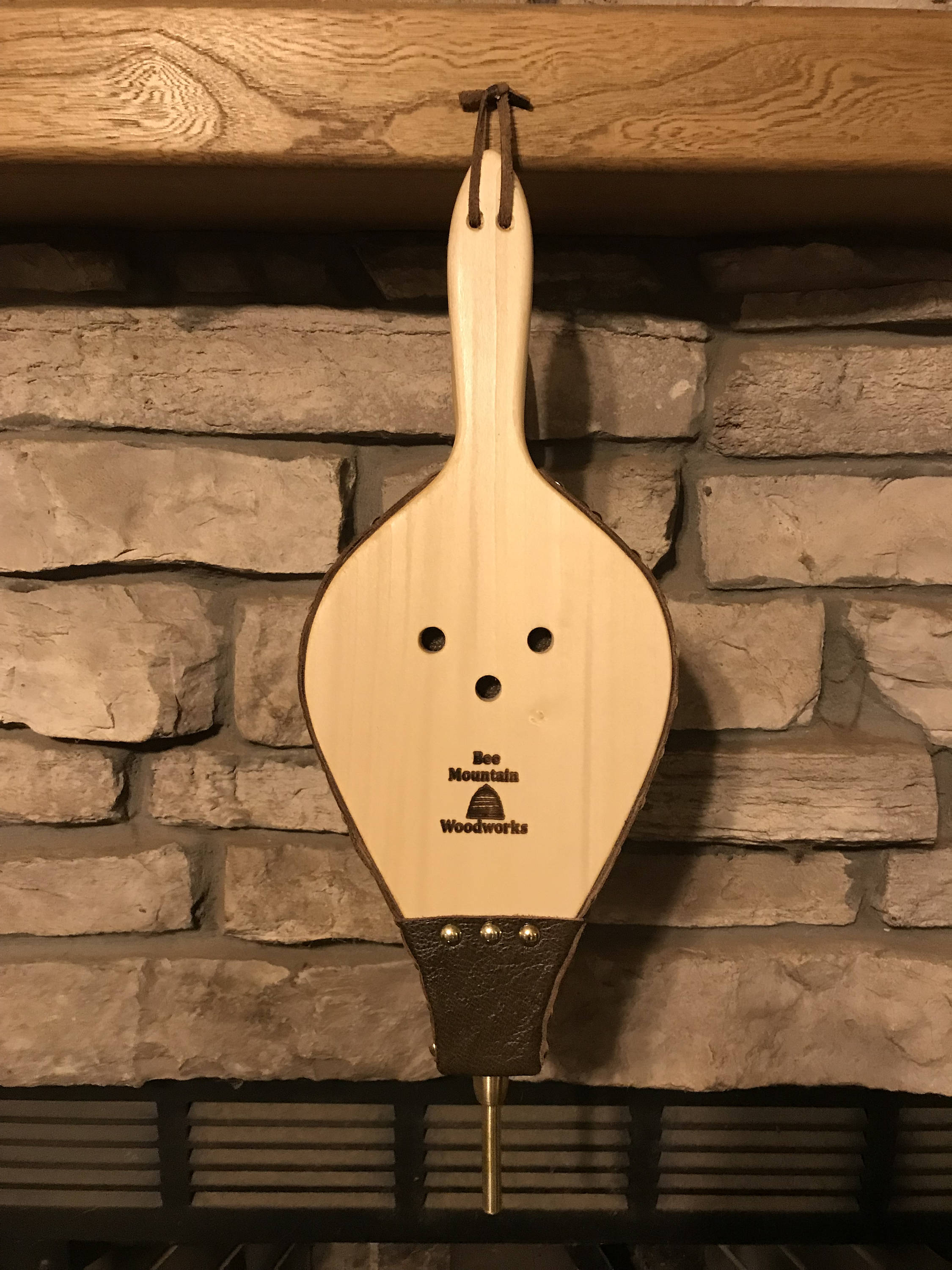 Handmade Fireplace Bellows, Poplar Wood and Dark Leather with Brass