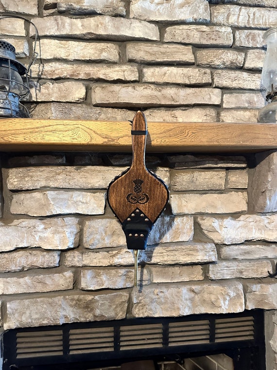 READY TO SHIP: Handmade Fireplace Bellows, "Shorty Bellows", Carved Quartersawn Oak with Thistle Design , Brown Leather, Copper Swirl Tacks