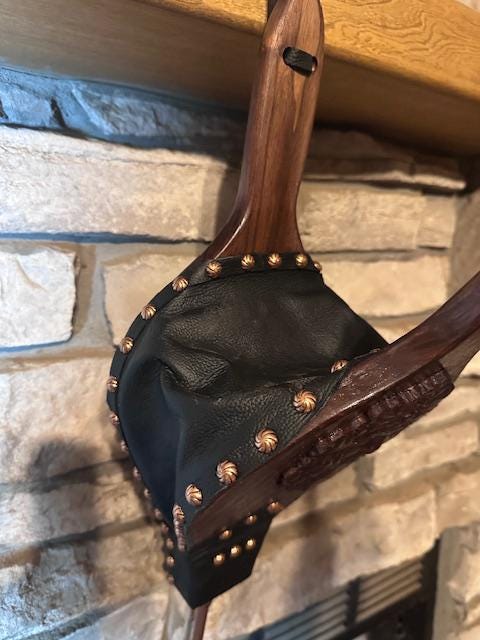 READY TO SHIP: Premium Handmade Fireplace Bellows, Walnut with Green Man Motif, black leather, swirled copper tacks - Fireplace - Hearth - Thumbnail 6