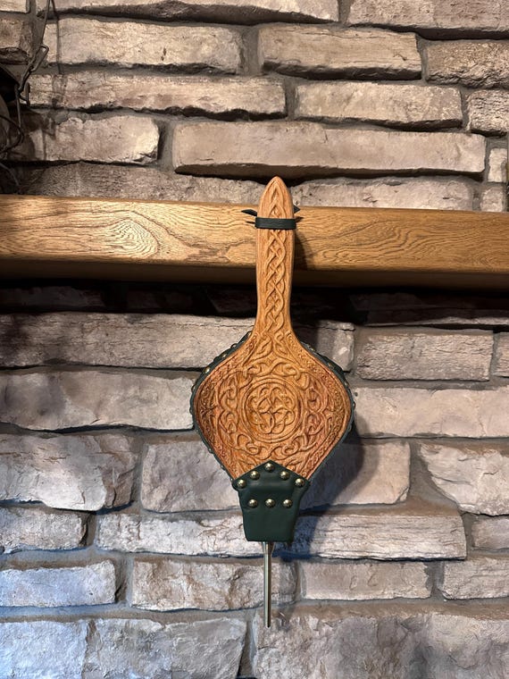 READY TO SHIP: Handmade Fireplace Bellows, "Shorty Bellows", Carved Oak with Intricate Celtic Design, Green Leather, Brass Tacks