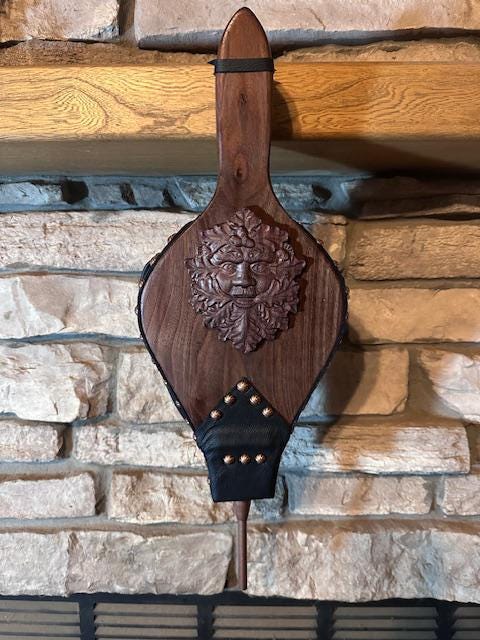READY TO SHIP: Premium Handmade Fireplace Bellows, Walnut with Green Man Motif, black leather, swirled copper tacks - Fireplace - Hearth - Thumbnail 2