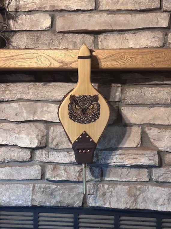 READY TO SHIP:  Handmade Fireplace Bellows, Poplar with Carved and Hand Painted Owl, Brown Leather, Bronze Tacks - Heirloom