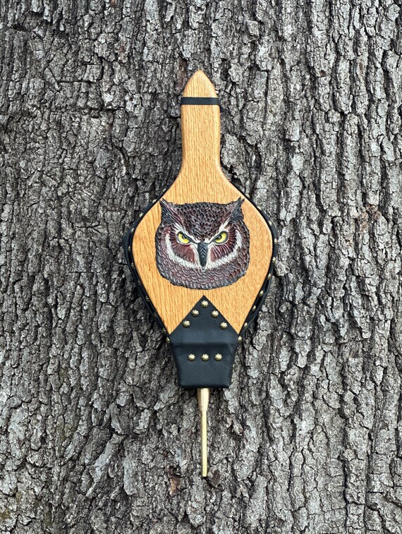 Handmade Fireplace Bellows, Oak with hand-painted owl design, dark brown leather, swirled brass tacks