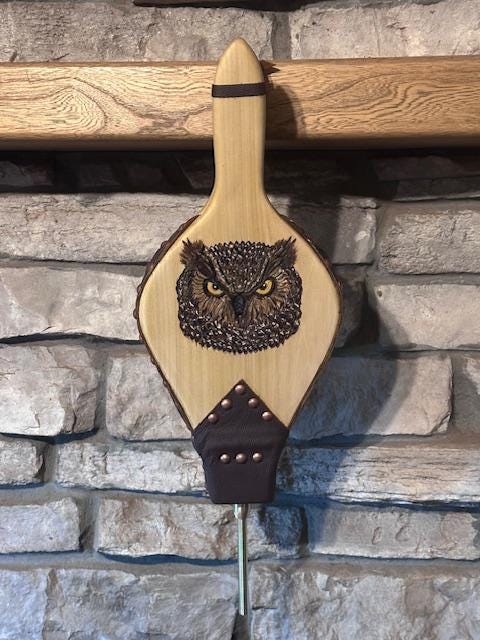 READY TO SHIP:  Handmade Fireplace Bellows, Poplar with Carved and Hand Painted Owl, Brown Leather, Bronze Tacks - Heirloom - Thumbnail 2