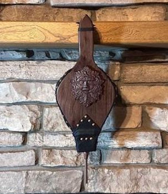 READY TO SHIP: Premium Handmade Fireplace Bellows, Walnut with Green Man Motif, black leather, swirled copper tacks - Fireplace - Hearth