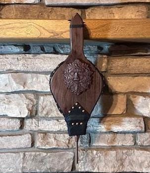READY TO SHIP: Premium Handmade Fireplace Bellows, Walnut with Green Man Motif, black leather, swirled copper tacks - Fireplace - Hearth
