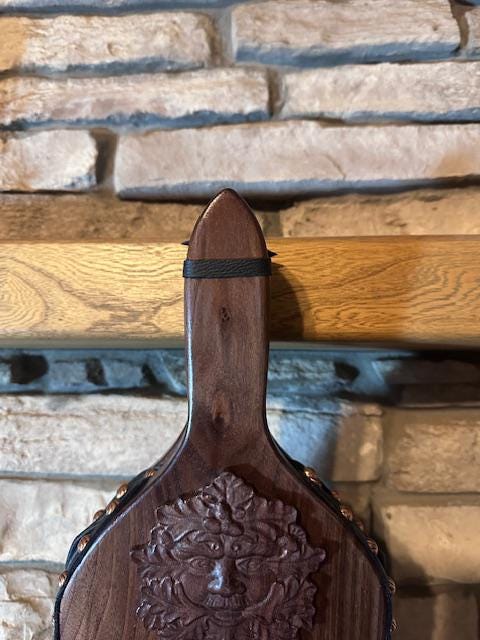 READY TO SHIP: Premium Handmade Fireplace Bellows, Walnut with Green Man Motif, black leather, swirled copper tacks - Fireplace - Hearth - Thumbnail 5