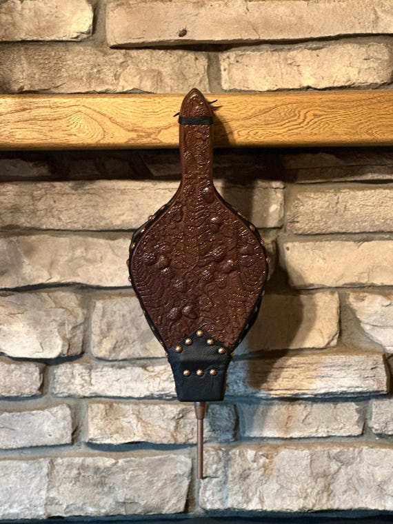 READY TO SHIP:  Handmade Fireplace Bellows, Walnut with Carved Botanical Design, Dark Brown Leather, Swirled Copper Tacks