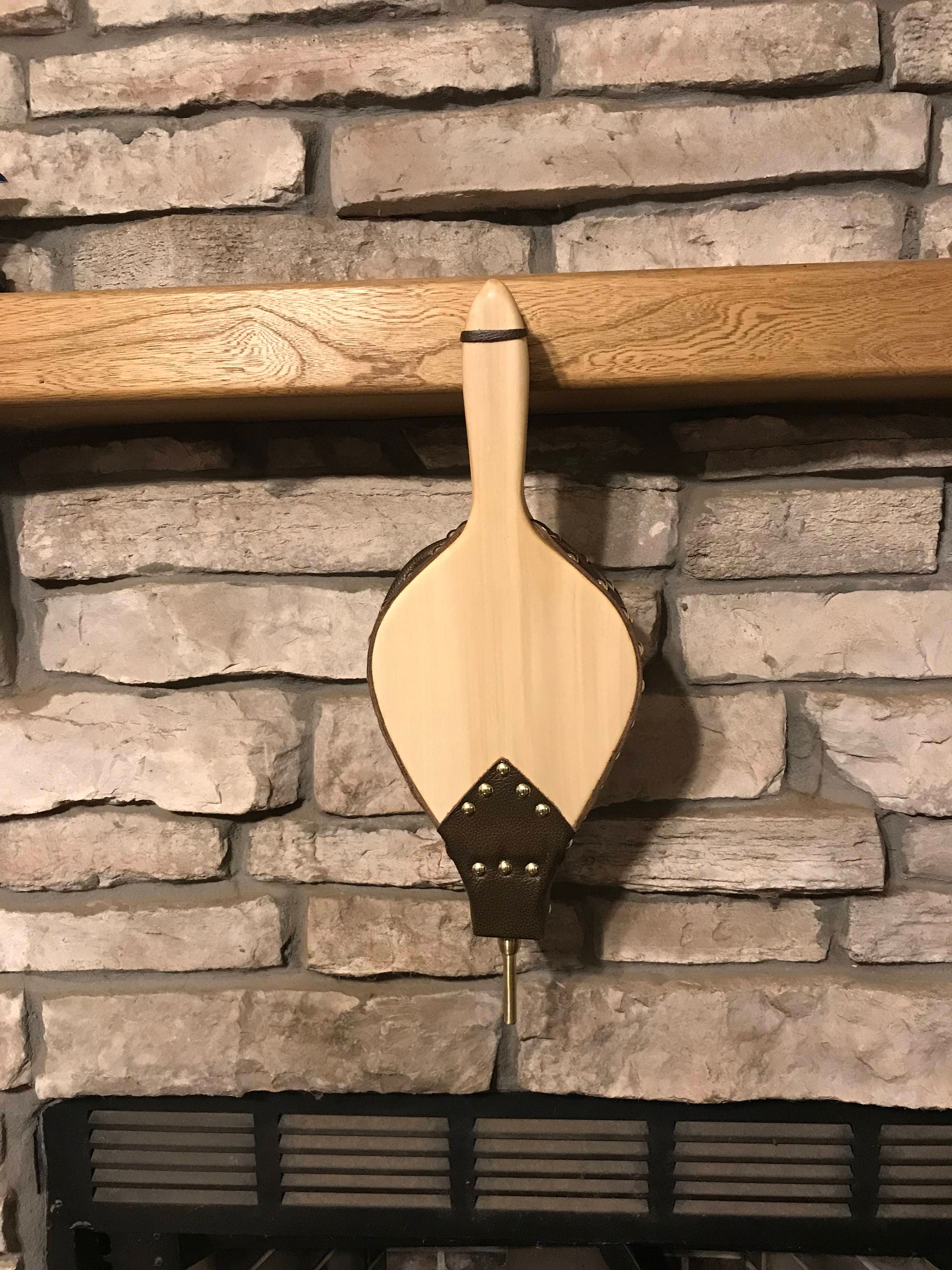 Handmade Fireplace Bellows, Poplar Wood and Dark Leather with Brass