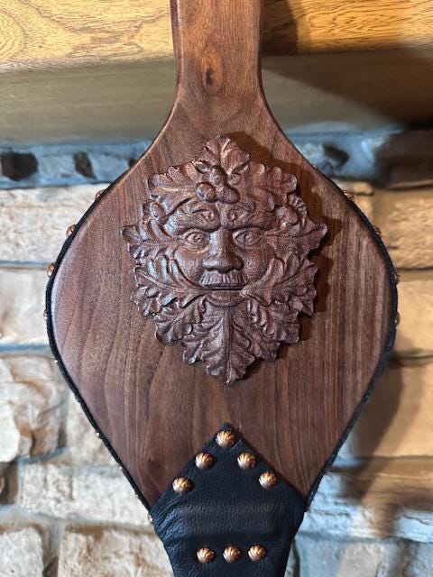 READY TO SHIP: Premium Handmade Fireplace Bellows, Walnut with Green Man Motif, black leather, swirled copper tacks - Fireplace - Hearth - Thumbnail 3