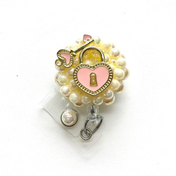 Lock and key badge reel/Pearl badge holder/Nurse badge reel/Pink lock and key ID holder