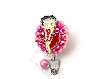 Betty Boop badge reel/Nurse badge/Rose pink jelly rhinestone badge holder/Retractable badge reel