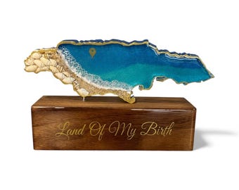 Jamaica Resin Map on Walnut Wood Block, Personalized Jamaica Gift, Custom Wording Island Souvenir