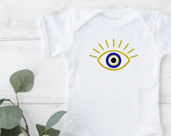 Evil Eye Onesie. Greek Evil Eye Onesie. Gold Evil Eye. Lucky Baby.