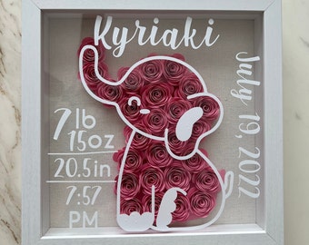 Greek Shadow Box Elephant Shadow Box Birth Announcement Sign Baby Shadow Box Pink Shadow Box Gift For New Mom Nursery Decor Birth Stats Sign