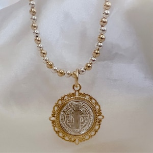Gold and Silver Saint Benedict Beaded Necklace