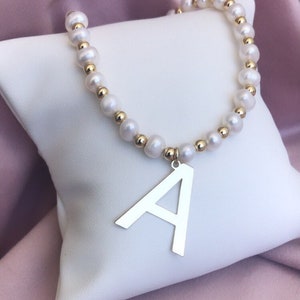 Initial Letter Necklace, Fresh Water Pearl Necklace, Pearl Necklace, Custom Initial Letter Necklace, Personalized Initial Letter Necklace