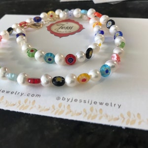 ミルフィオリビーズ付き淡水真珠ネックレス