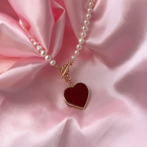 Pearls Necklace with Red Heart Charm