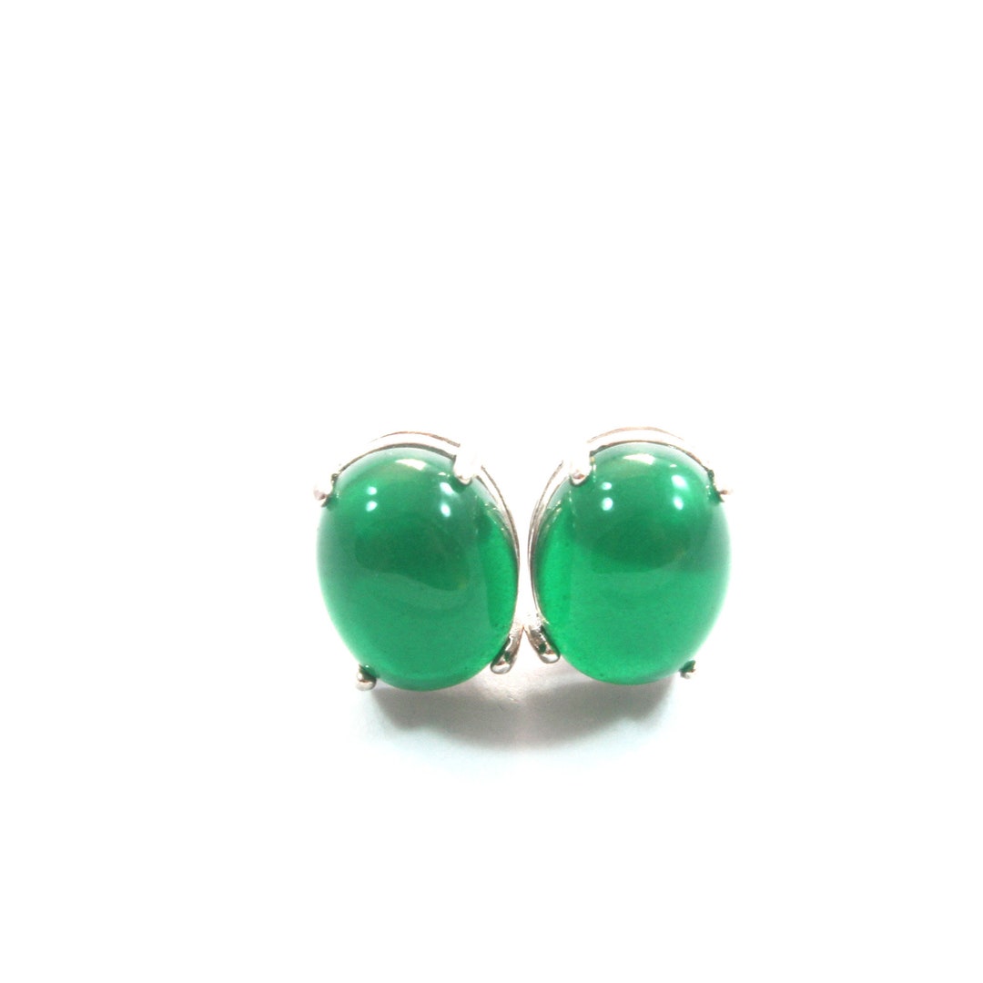 Green Jade Stud Earrings With Sterling Silver 925 Etsy