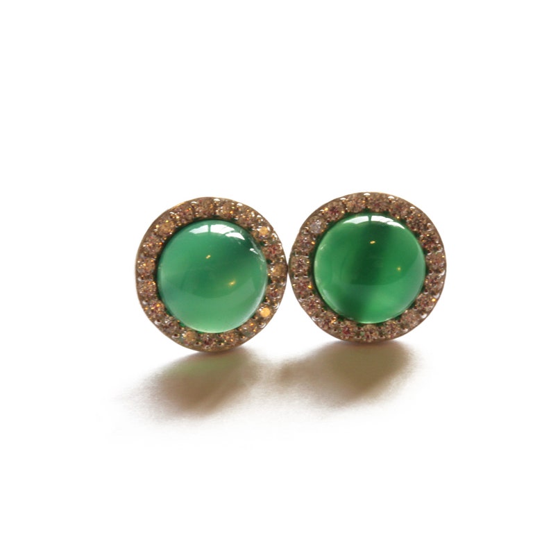Round Cabochon Green Jade CZ Halo Stud Earrings Gift 925 Solid Sterling Silver Round Cabochon Green Jade CZ Halo Stud Earrings Gift 925 Solid Sterling Silver