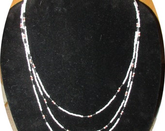 70" Long Seed Bead Necklace White Black Copper Can Wear Triple or Double