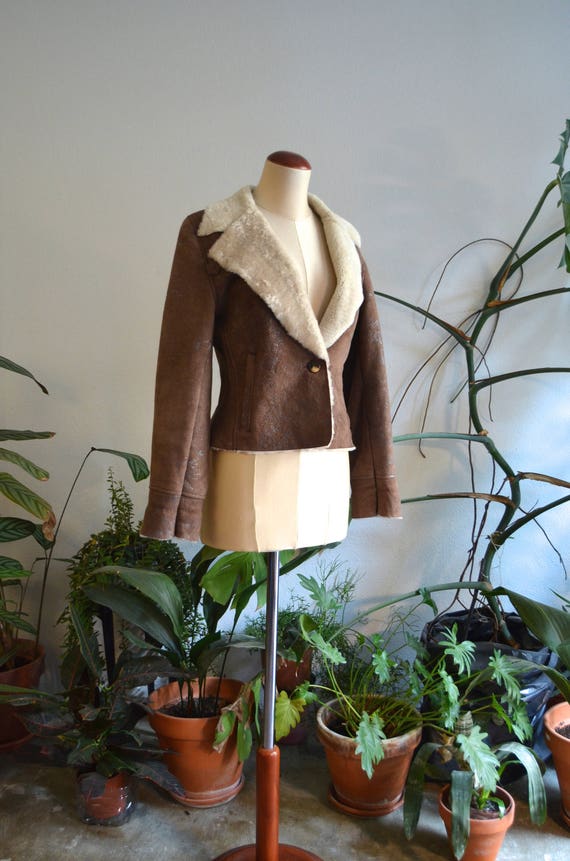 Brown & Beige Cropped Shearling Coat, size Small