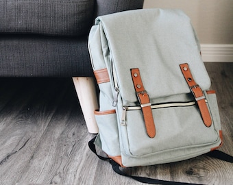 Canvas Leather Travel Backpack Vintage Laptop Rucksack Waterproof Unisex Bag Mens Women's Minimalist Style Work School Tote Camping Backpack
