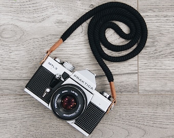 Zwarte camerariem Camerariem Touwriem Leren camerariem Vintage camera