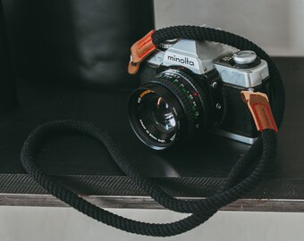 Zwarte camerariem Camera nekriem Touwriem Lederen camerariem Vintage camera