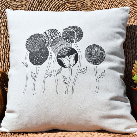 Decorative Pillow Cover, Zentangle Pillow Cover, Flower Art, Hand