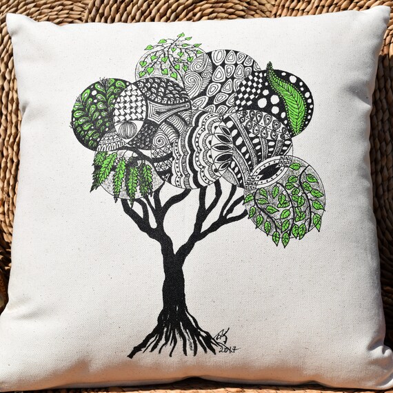 Decorative Pillow Cover, Zentangle Pillow Cover, Tree Leaf Art, Hand  Drawn Art, Cotton Pillow Cover, Decorative Art, Zentangle Art Pillow