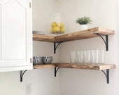 9 1 4 quot Deep Farmhouse Rustic Corner Floating Shelf, Weathered Oak Kitchen Shelving, Modern Wall Shelf, Heritage Cast Iron Shelf Brackets