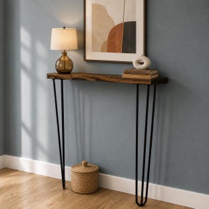 Narrow Pine Console Table with Hairpin Legs, Farmhouse Rustic Entryway Bench