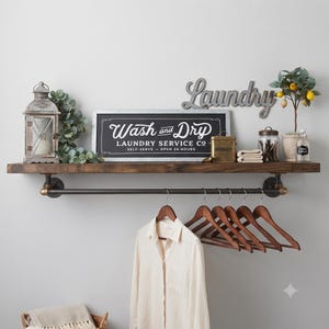 Rustic Wood Shelf with Brass Fittings and Iron Drying Rack image 1