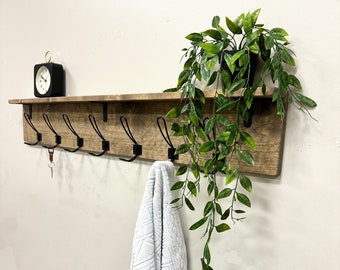 Rustic Pine Wood Coat Rack with Shelf: Farmhouse Entryway Organizer