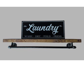 Laundry Storage Rack with Towel bar, 9.25" D Industrial Drying Rack, Laundry Wall Storage, Rustic Drying Rack Organizer, Iron Pipe clothes