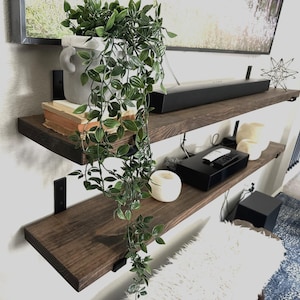 Rustic Pine Floating Shelf: Heavy-Duty Iron J Shaped Brackets