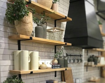 Rustic Pine Floating Shelf with Black Iron L Brackets, Farmhouse Style