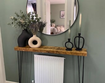 Narrow Pine Console Table: Rustic Hallway Bench with 28" Long Hairpin Legs