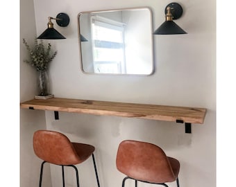 Rustic Pine Wood Floating Shelf: Farmhouse L Bracket Wall Desk - Heavy Duty Narrow Desk