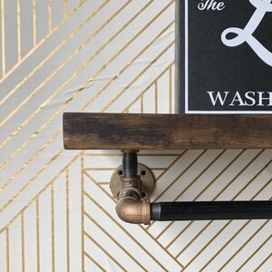Rustic Wood Shelf with Brass Fittings and Iron Drying Rack image 4